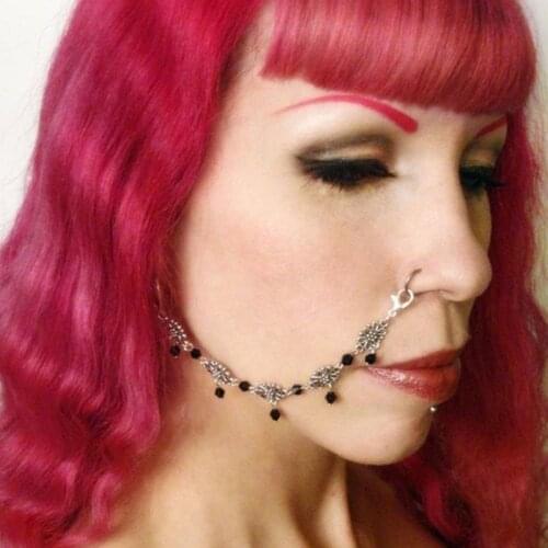 Gothic Silver Flower and Black Crystal Nose Chain