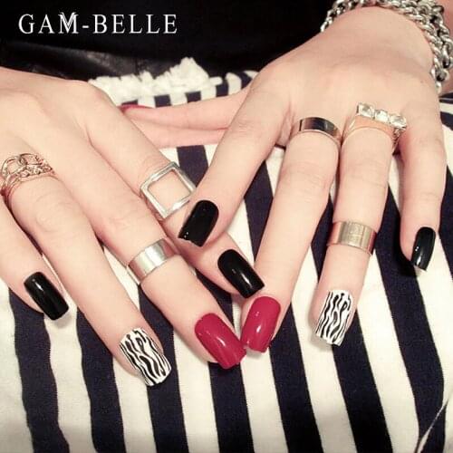 GAM-BELLE Red Black Zebra Pattern Artificial False Nails Detachable French Stick on Nails Full Fake Nails Decoration Manicure