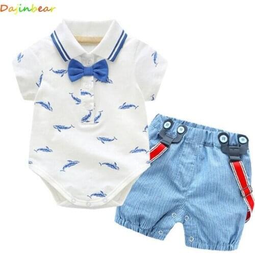0-2Y Summer Newborn Baby Boy Romper Clothes set Little Shark T-shirt Overalls +Blue Shorts Outfits Clothes Baby Clothing Set