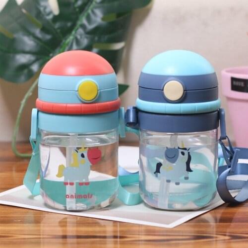 Summer cartoon cute strap childrens plastic straw cup kindergarten baby portable outdoor anti-fall water-proof cup 380ml