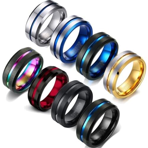 Fashion 8MM Mens Stainless Steel Rings Blue Red Colorful Groove Beveled Edge Wedding Engagement Ring Mens Anniversary Jewelry