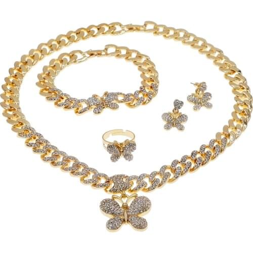 New XOXO High-end Fashion Crystal Butterfly Cuban Chain Design Golden Bride Long Necklace Earrings Bracelet Ring Jewelry Set