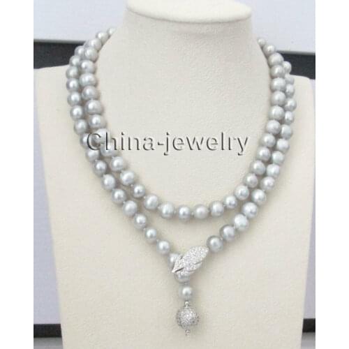 34" longer 9-10mm gray round freshwater pearl necklace -925 silver clasp