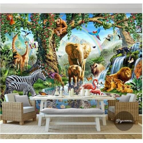 Custom photo wallpaper 3d wall murals wallpaper Cartoon Big elephant zebra lion river animal world children painting wall decor