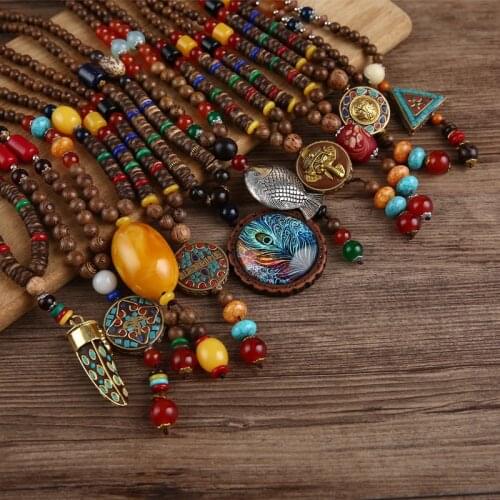 Retro Nepal Necklace Buddhist Mala Mantra Wood Beads Pendant Necklace Ethnic Feather Horn Fish Long Statement Jewelry Women Men