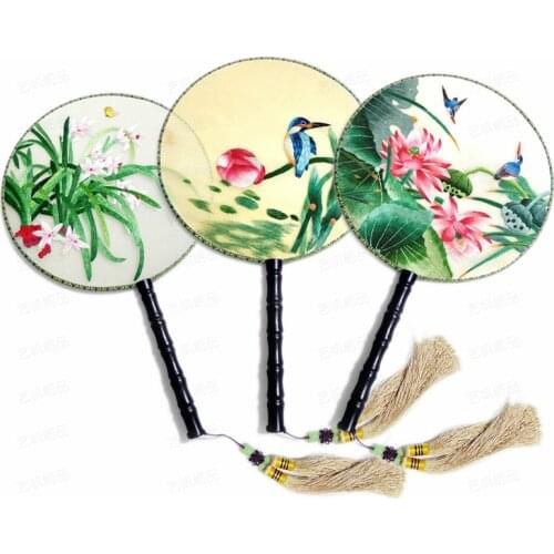 Luxury Decorative Mulberry Silk Round Fan Traditional Craft Gift Fan Handmade Double Embroidered Flower Chinese Hand Held Fans