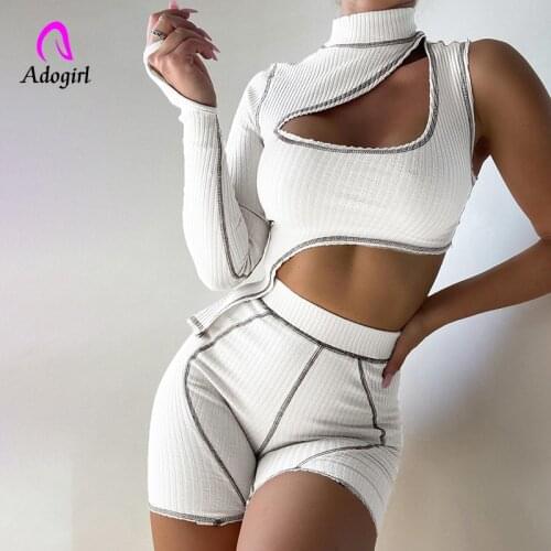 Fitness Women 2 Piece Set One Shoulder Solid Long Sleeve Turtleneck Crop Top Skinny Biker Shorts Matching Set Sexy Tracksuits