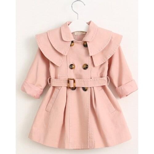 Autumn New Little Girls Solid Color Trench Coat Fashion Korean Style Double-breasted Lapel Long Sleeve Coat With Belt