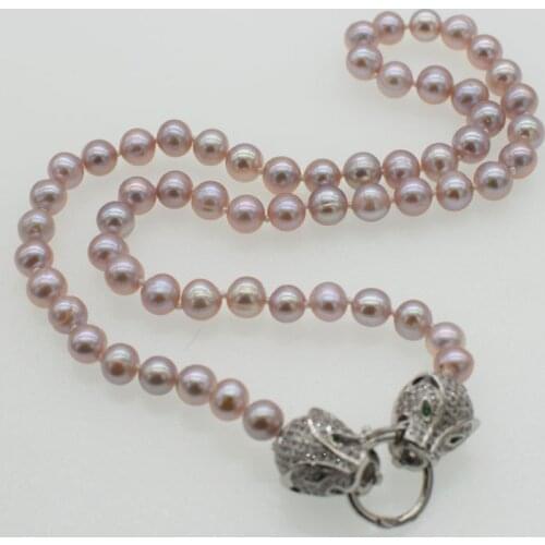 Wow! freshwater pearl purple near round 7-8mm A leopard clasp necklace 18" nature FPPJ wholesale beads