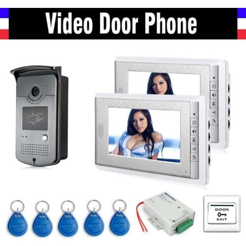 7 Inch 2PCS Screen Video Door Phone Doorbell Intercom Kits System +5 PCS RFID keyfobs + Alunimum panel Camera, ID Card Unlock