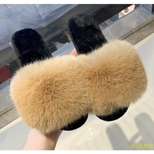 Lady Colorful Fox Fur Slides Vogue Fluffy Slippers Plush Faux Fox Hair Slides Party Furry Flip Flops Womens Sandals