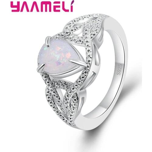 Retro Eternity 925 Sterling Silver Rings Filled Waterdrop Cream White Fire Opal Stones Sweet Women Wedding Nice Anel