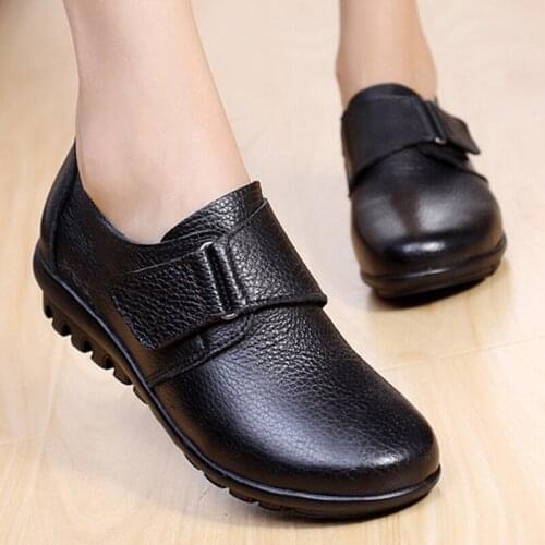 High Quality Genuine Leather Flats Womens Spring Shoes Hook Loop Large Size 35-41 Female Leather Shoes