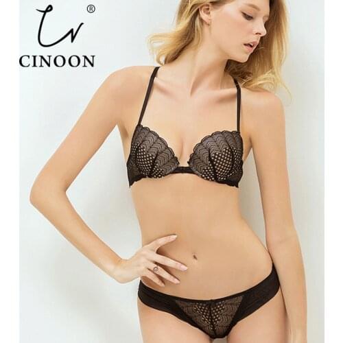 CINOON Lace Sexy Transparent Beautiful Back Strappy Bralette Women Underwear Front Buckle Push Up Bra Brief Set Lingeries Set