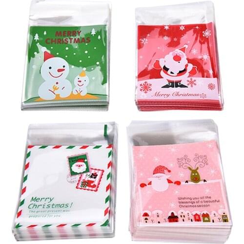 100pcs/set Christmas snow heart Cookie Candy Bag Self-Adhesive Plastic Bags Biscuits Snack Baking Package Gift Bags