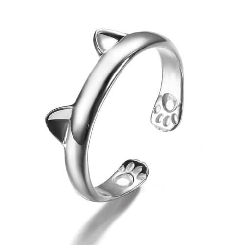 925 Sterling Silver Lady Rings Cute Cat Animals Party Ring Fashion Jewelry for Women Adjustable Accessories