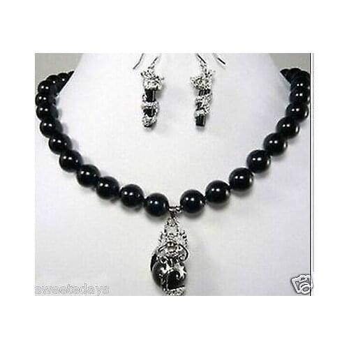 FREE SHIPPING>>@> Free shipping Fashion beautiful 10mm black stone dragon earring pendant Necklace set Natural jewelry