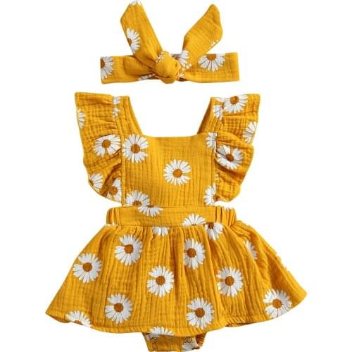Newborn Baby Girl Daisy Flower Print Bodysuit Summer Infant Baby Clothes Sets Ruffles Fly Sleeve Jumpsuit with Headband 0-24M