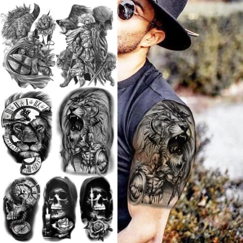 Black Lion Warrior Temporary Tattoos For Men Women Skull Rose Flower Compass Candle Fake Tattoo Sticker Arm Body Tatoos Creative