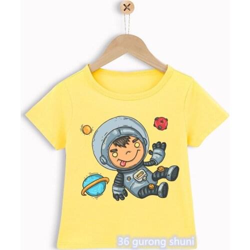 New summer style boys t-shirts space astronaut graphic print toddler baby tshirts fashion casual kids clothes yellow shirt tops