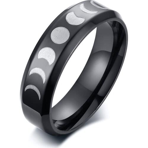 Stainless Steel Moon Phase Ring Black Crescent Moon Wiccan Ring Triple Goddess For Women Men 6mm Jewelry