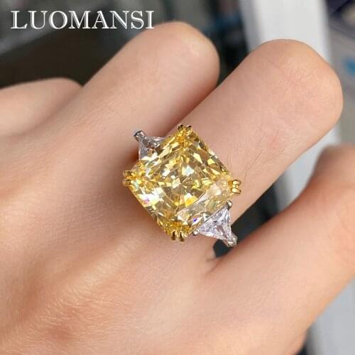 Luomansi Square Yellow Creation Moissanite Super Flash Ring 100%-S925 Silver Big Diamond Wedding Engagement Woman Jewelry