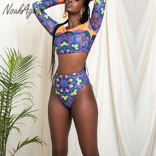 Long Sleeve African High Waist Bikini Set Sexy Swimsuit Women Zipper Two Piece Set Women Summer Beachwear Brazilian Swimwear