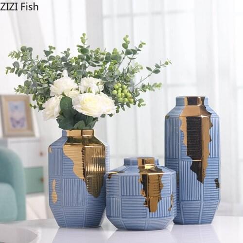 Creative Nordic ceramics Gold blue stripes modern Ceramic vase Home living room Flower arrangement decoration flower vases