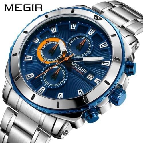 MEGIR Chronograph Quartz Men Watch Luxury Brand Stainless Steel Business Blue Wrist Watches Men Clock Relogio Masculino 2019 New