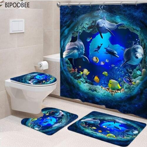 Sea Ocean Dolphin 3D Shower Curtain Bathroom Curtains with Hooks Durable Bath Mat Toilet Lid Cover Pedestal Rug Home Decor
