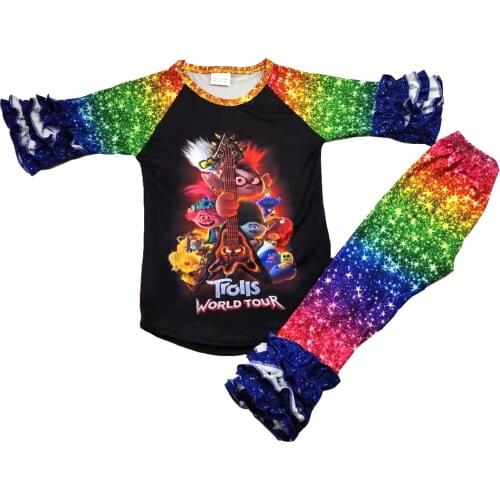 Cartoon girl kids icing ruffles shrit sets casual girls movie day outfit