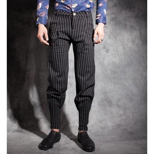 Spring autumn personality stripe trousers mens pants loose harem pant mens feet trousers fashion pantalon homme street novelty