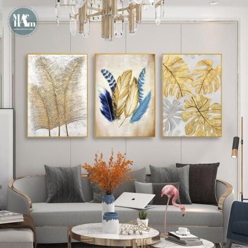 Golden feather leaves Wall art canvas painting Wall Pictures for Living Room Nordic Abstract Decoration Pictures morden decor