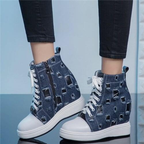 Winter Oxfords Women Lace Up Cow Leather Wedges High Heel Vulcanized Shoes Female High Top Canvas Fashion Sneakers Casual Shoes