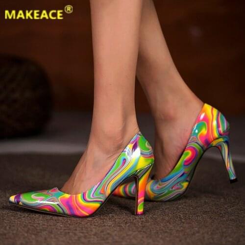 Autumn Gorgeous Printing Color Large Size Womens High Heels Shallow Mouth Pointed Toe Set Foot 9.5cm Banquet Womens Shoes