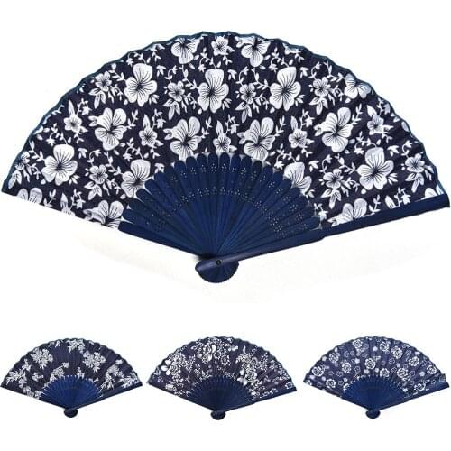 Cal Flower Design Chinese Style Blue Fabric Hand Fan With Dyed Blue Bamboo Frame Wedding Party Favor