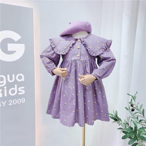 Spring Autumn Toddler Girls Dress Fashion Children Floral Big Lapel Long Sleeve Princess Dress Casual Baby Kids Clothing 2-7 Y