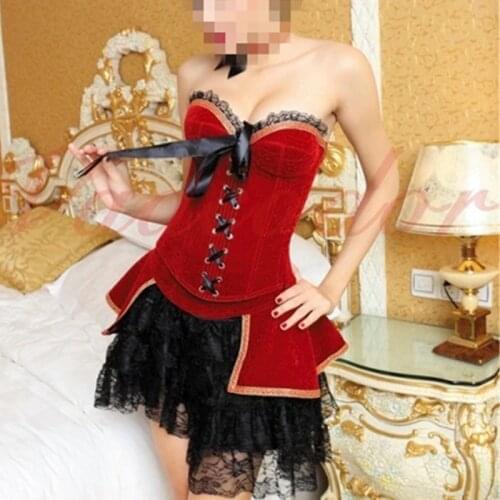 Romantic Corsets Free shipping Hot Selling Red Plus Size Burlesque Retro Corset & tutu /skirt Fancy dress outfit Party Corsets