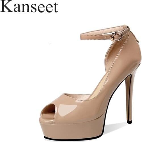 Kanseet Platform Genuine Leather Shoes 2021 Women Sandals Summer Red Wedding Party Sexy Open-Toed Thin High Heels Female Shoes