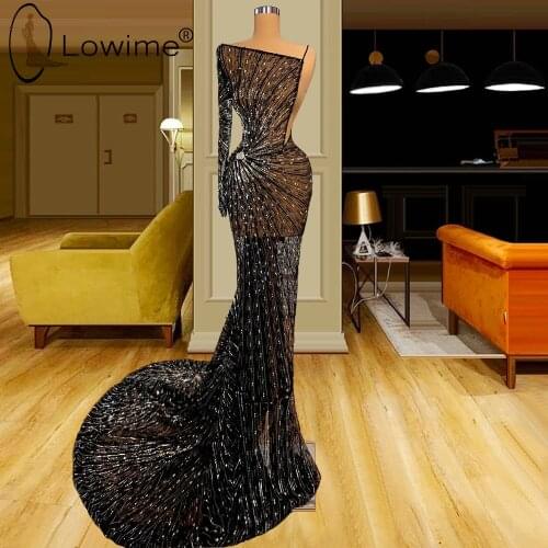 Lowime Sexy One Shoulder Black Illusion Mermaid Evening Dresses 2021 Saudi Arabia Middle East Formal Prom Party Night Gowns