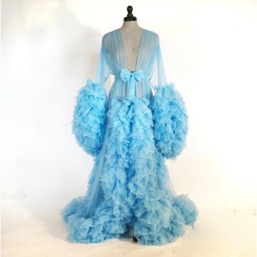 Blue Long Tulle Maternity Robe Birthday Baby Shower Women Dresses Photo Shoo Tulle Pregnant Woman Dress Nightgown