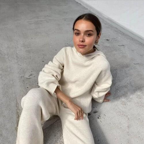 BBK Tracksuit Women Casual 2PC Suit Femme Loose Hoodies Long Wide Leg Trousers Plain Pantsuits Women‘s Clothing 2021 Knit Sets