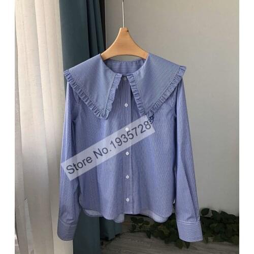 Ladies Long Sleeve Embroidered College Style Doll Collar Cotton Striped Shirt Top