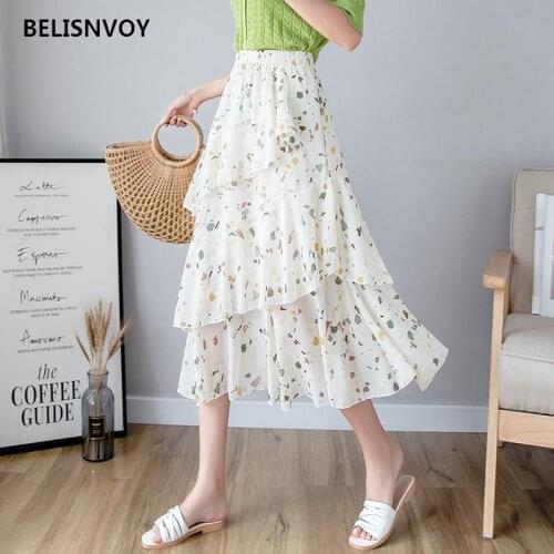 Summer Women Midi Skirts Korean Ruffles Bohemian Ladies Holiday Layered Irregular Beach Skirt High Waist Chic Chiffon Skirts