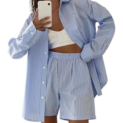 Women Outfit Vertical Stripes High Waist Two-piece Long Sleeve Lapel Shirt Pockets Shorts for Party