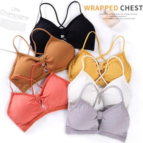 Women Girl Ribbed Knit Bralette Bright Candy Color Cross Strappy Backless Underwear Hollow Knotted Front Push Up Padded Top