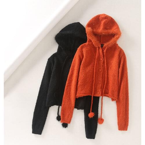 2021 Spring Fall Women Vintage Teddy Hairy Knitted Sweater Female Retro Single-breasted Hooded Drawstring Hooded Cardigan Tops