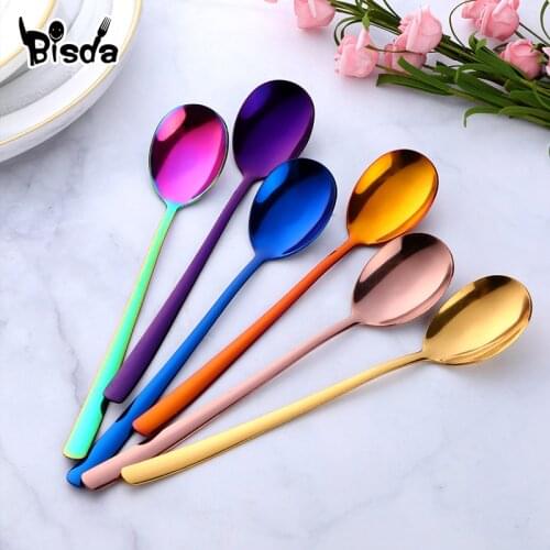 1Pc Dinner Spoon Stainless Steel Dessert Spoon Long Handle Honey Ice Soup Scoop Gold Rice Salad Spoons Kit Tableware Party Tool