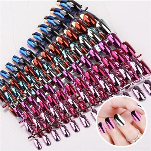 24pcs/kit Reflective Mirror Light Soft Metal Plating False French Acrylic Nail Tips Metallic Point Fake Artificial Nail Extensio