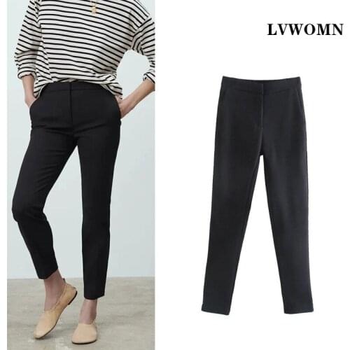 LVWOMN Za 2021 Spring Womens Pants Mid-Waist Joggers Women Elegant Trousers Office Womens Clothing Elastic Waist Black Pants